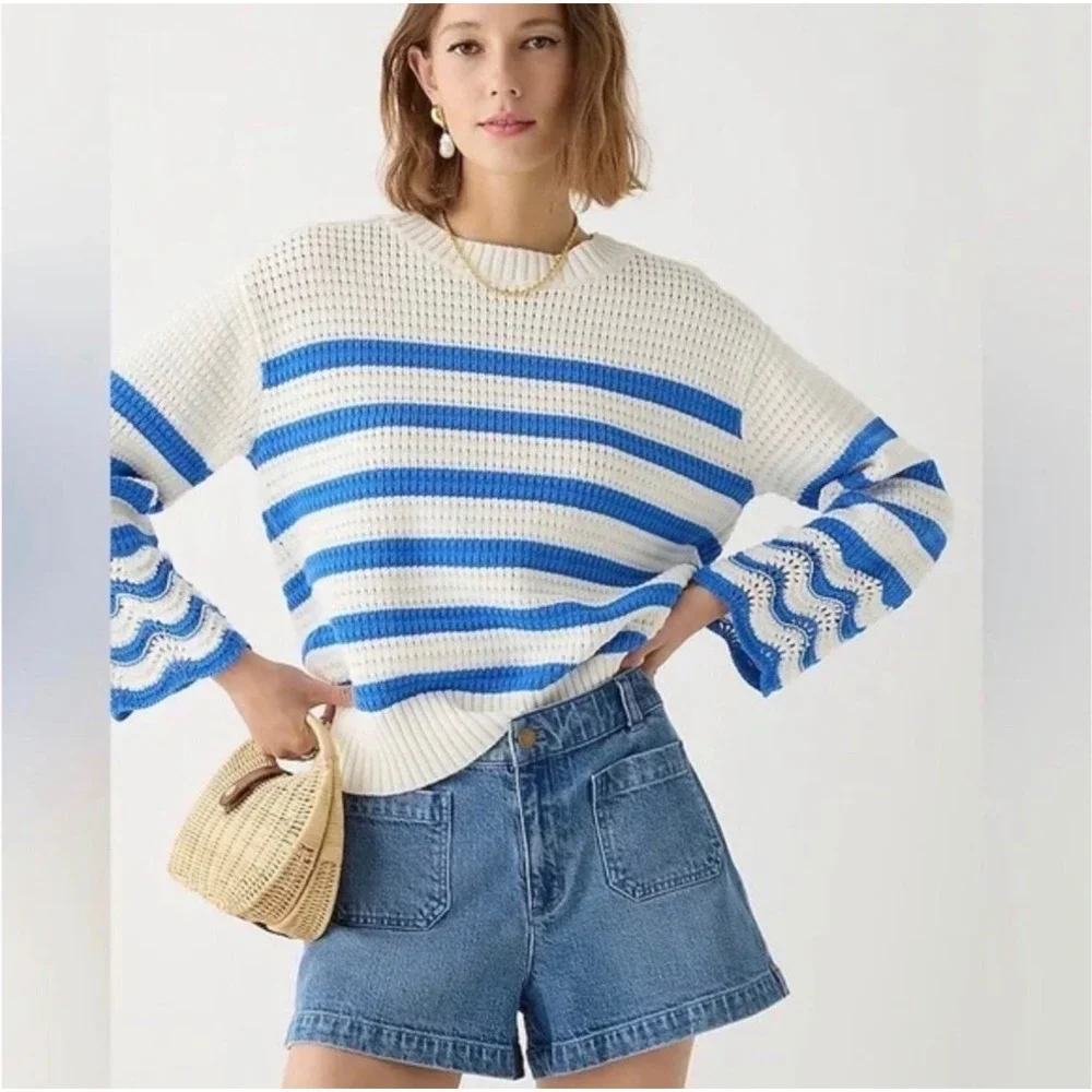 J.Crew Textured Crewneck Pullover Sweater Striped Cotton Knit Button Medium